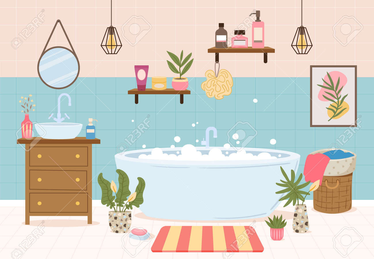 Cartoon Modernes Badezimmer Interieur Mit Möbeln, Badewanne Und with Badezimmer Clipart